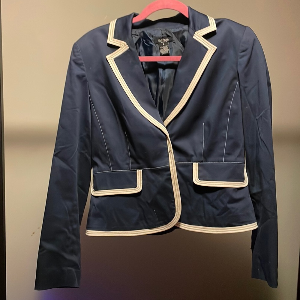 Bob Mackie Navy Blue White Accents Fitted Stretch Blazer w Hidden Pocket Sz 8